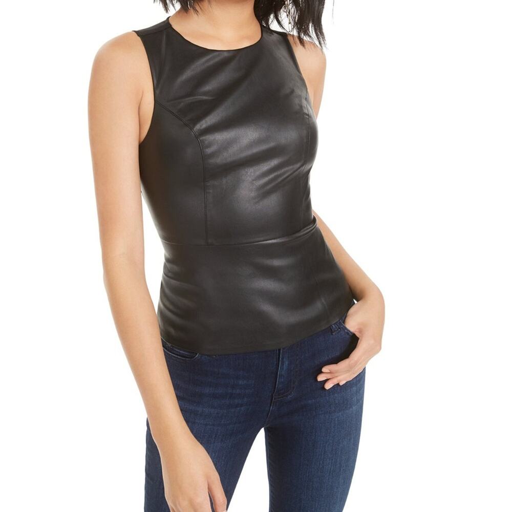 Bar III Sleek Faux Leather Sleeveless Peplum Top, Zipper Back XS, NWT